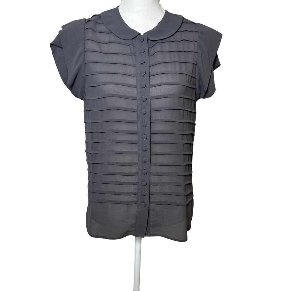 ASOS dark gray semi sheer pin-tuck peter pan collar‎ short sleeve blouse 6